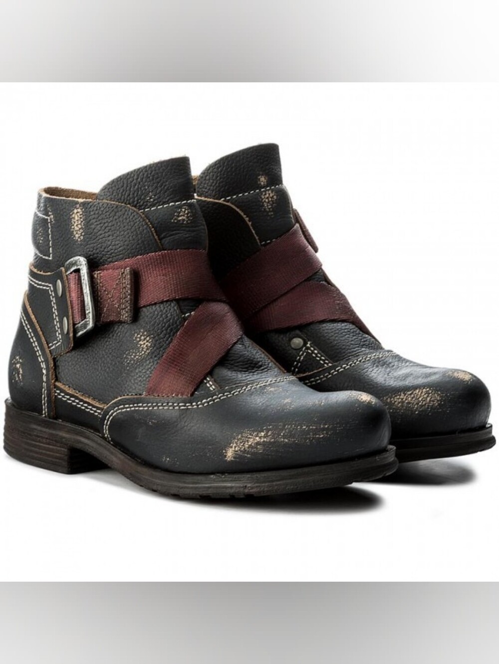 Fly London Saji Black Red Distressed Leather Ankle Boots Punk Edgy - EU 41